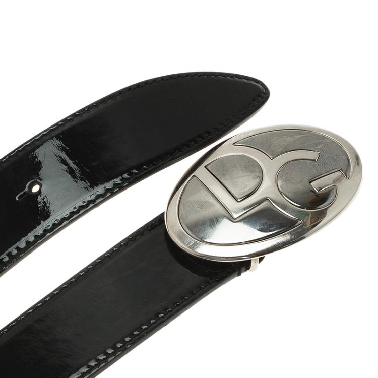 مملوكة مسبقًا Dolce and Gabbana Black Patent Logo Buckle Belt Size 80 CM