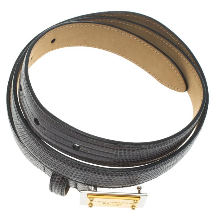 مملوكة مسبقًا Dolce and Gabbana Grey Lizard Embossed Leather Logo Plaque Belt 80CM