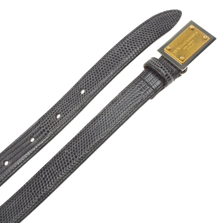 مملوكة مسبقًا Dolce and Gabbana Grey Lizard Embossed Leather Logo Plaque Belt 80CM
