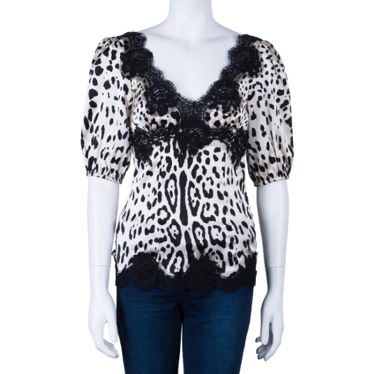Pre Owned Dolce and Gabbana Leopard Print Lace Detail Top S