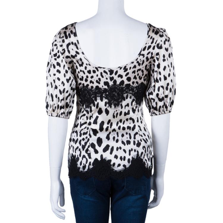 Pre Owned Dolce and Gabbana Leopard Print Lace Detail Top S