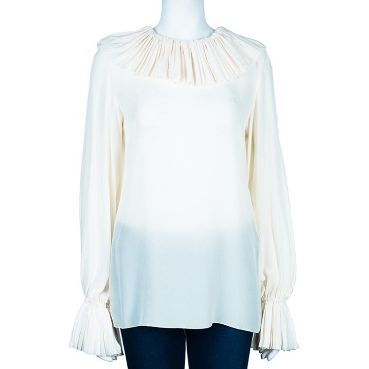 Pre Owned Dolce and Gabbana Cream Pleated Blouse XL
