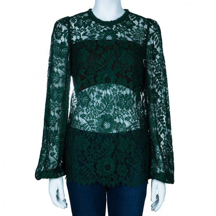 Pre Owned Dolce and Gabbana Green Lace Full Sleeve Top M