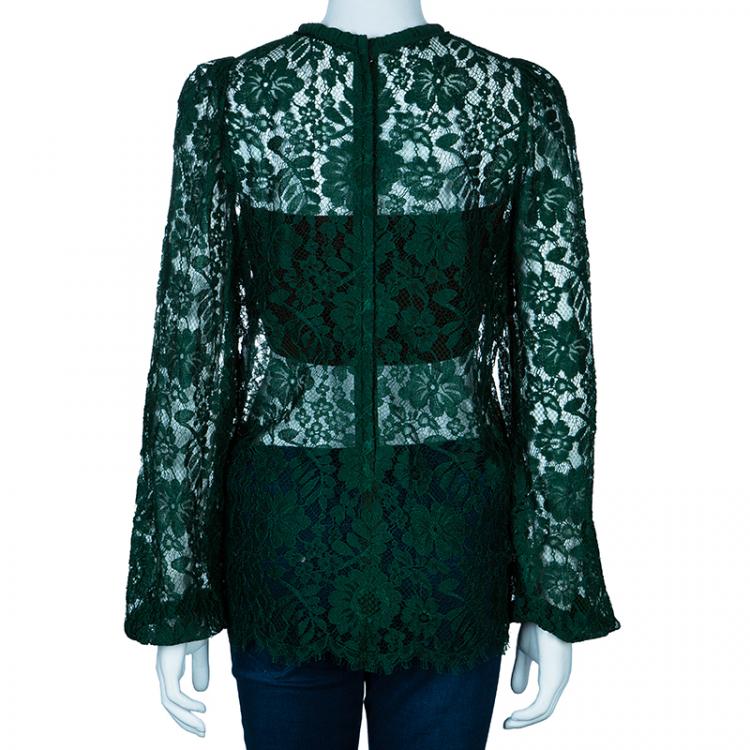 Pre Owned Dolce and Gabbana Green Lace Full Sleeve Top M