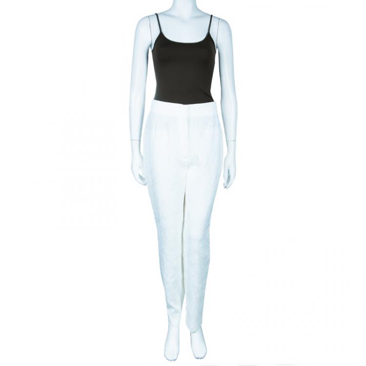 Pre Owned Dolce and Gabbana White Jacquard Print Trousers L
