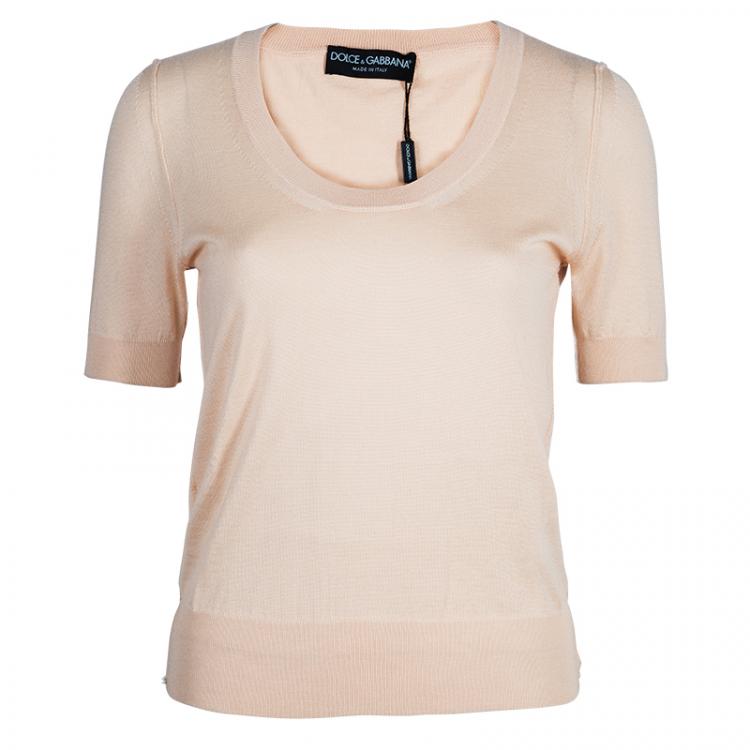 Pre Owned Dolce and Gabbana Beige Short Sleeve Knit Top S