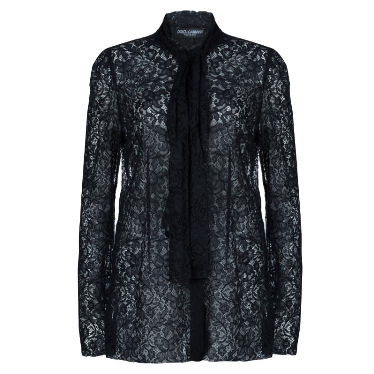Pre Owned  Dolce & Gabbana Black Lace Neck Tie Detail Top L