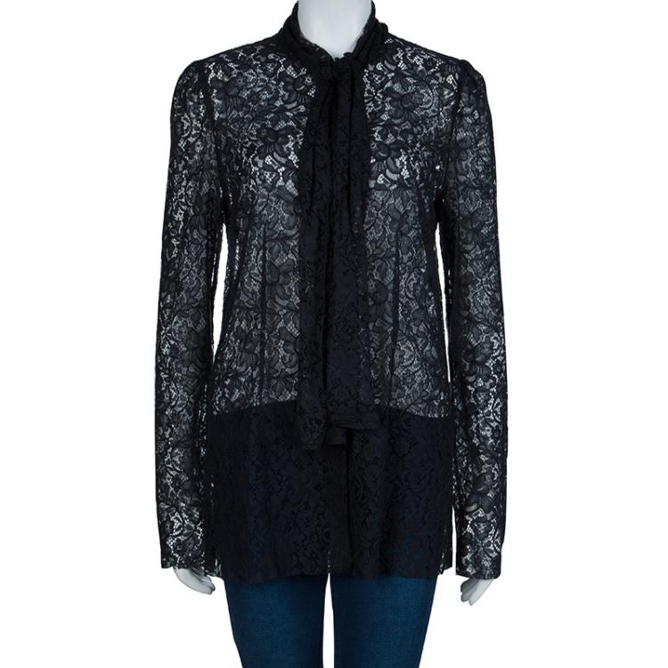 Pre Owned  Dolce & Gabbana Black Lace Neck Tie Detail Top L