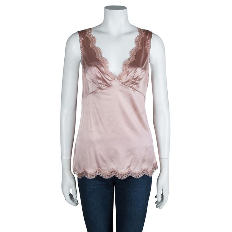Pre Owned Dolce And Gabbana Pale Pink Silk Scalloped Lace Detail Camisole L