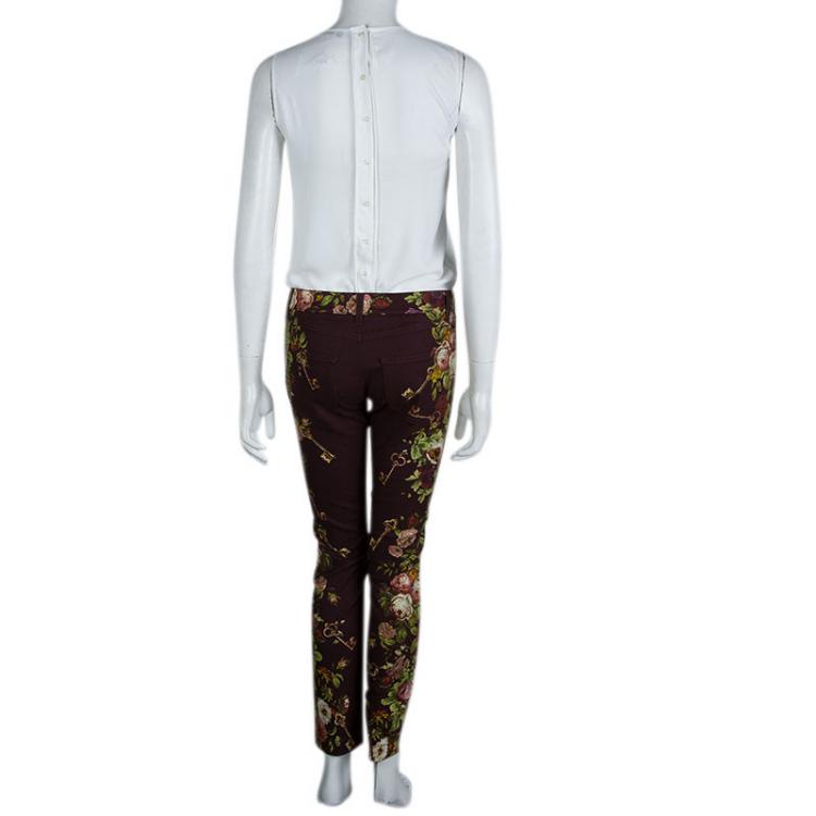 Pre Owned Dolce and Gabbana Burgundy Denim Floral Printed Kate Jeans S