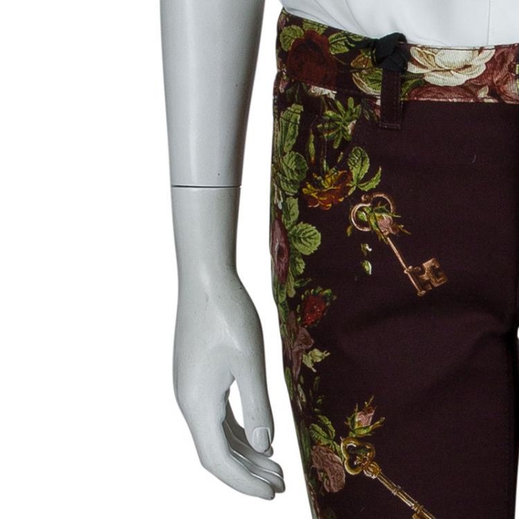 Pre Owned Dolce and Gabbana Burgundy Denim Floral Printed Kate Jeans S