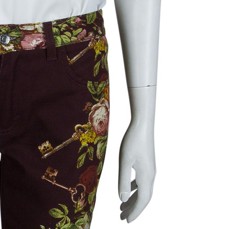 Pre Owned Dolce and Gabbana Burgundy Denim Floral Printed Kate Jeans S
