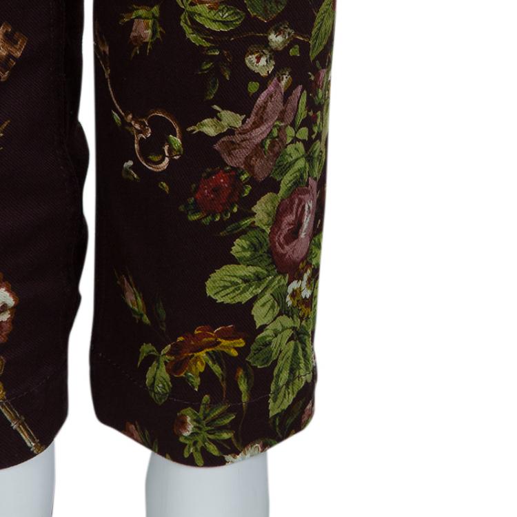 Pre Owned Dolce and Gabbana Burgundy Denim Floral Printed Kate Jeans S