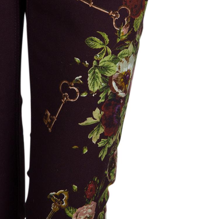 Pre Owned Dolce and Gabbana Burgundy Denim Floral Printed Kate Jeans S