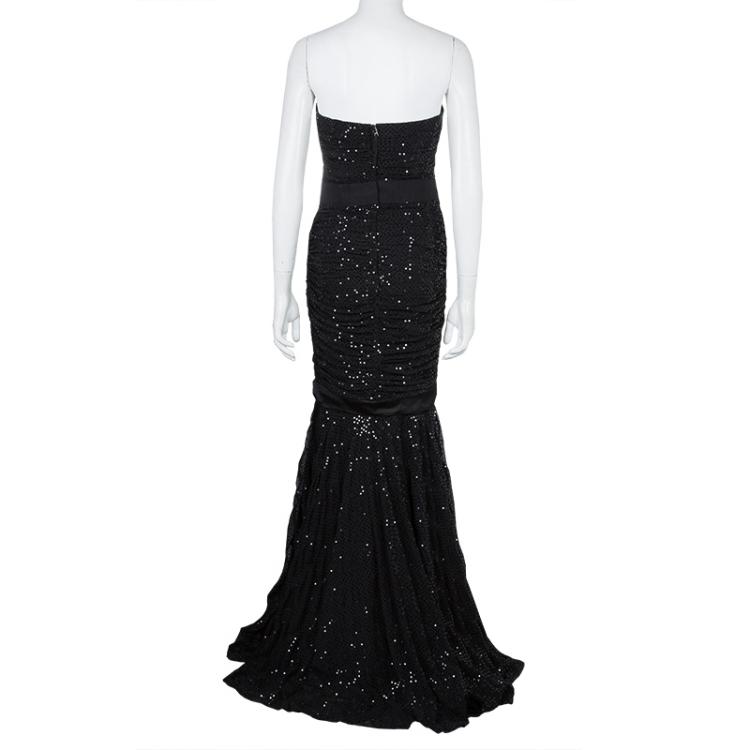 Pre Owned Dolce and Gabbana Black Sequin Embellished Ruched Strapless Gown M