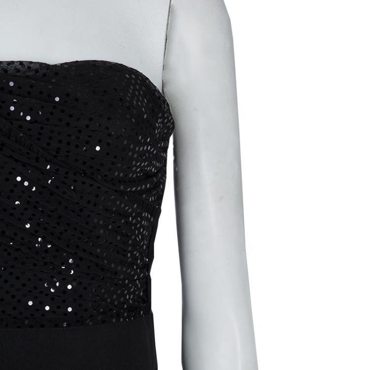 Pre Owned Dolce and Gabbana Black Sequin Embellished Ruched Strapless Gown M