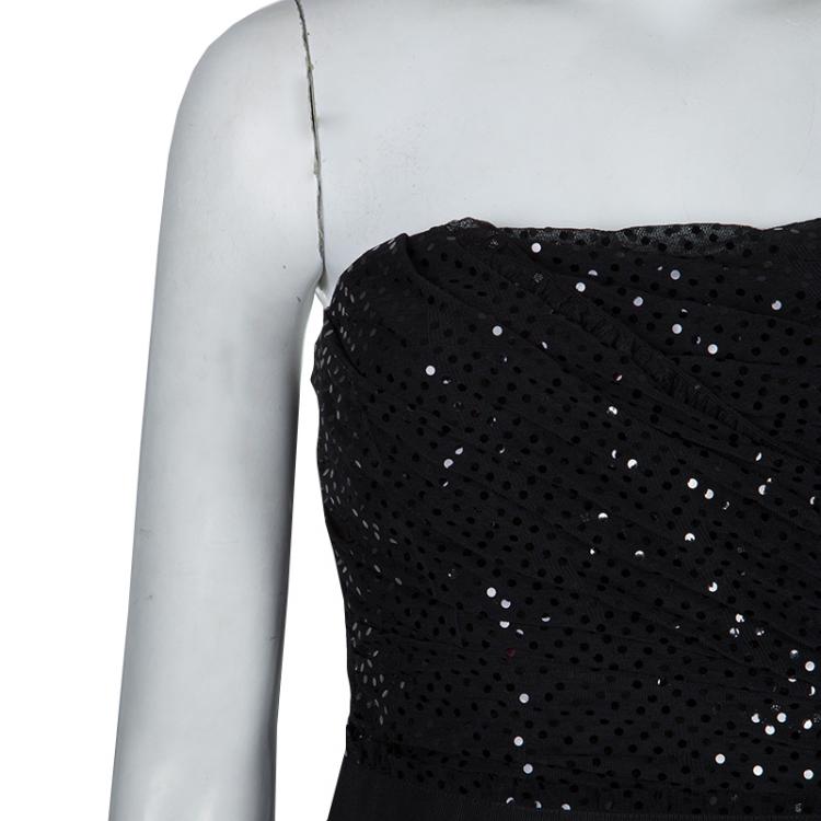 Pre Owned Dolce and Gabbana Black Sequin Embellished Ruched Strapless Gown M