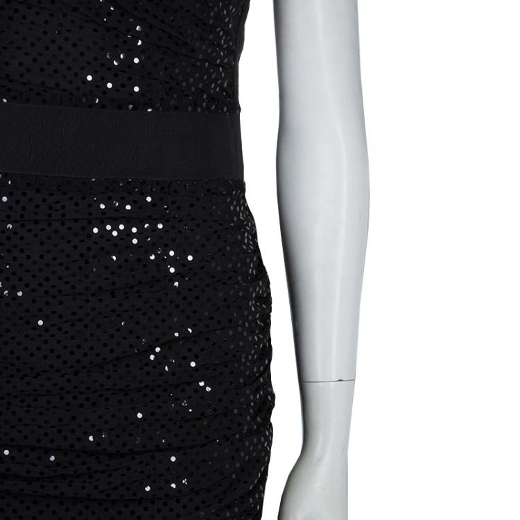 Pre Owned Dolce and Gabbana Black Sequin Embellished Ruched Strapless Gown M