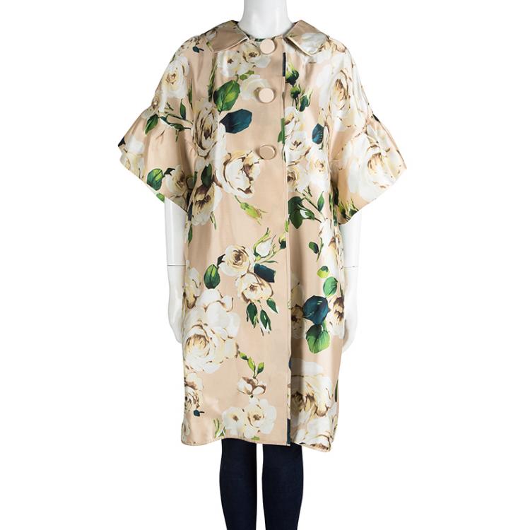 Pre Owned Dolce and Gabbana Beige Floral Printed Silk Coat S