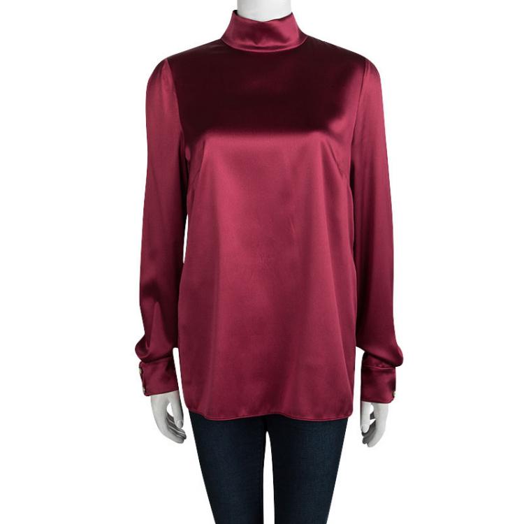 Pre Owned Dolce And Gabbana Red Satin Mandarin Collar Long Sleeve Blouse L
