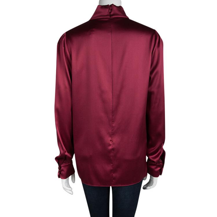 Pre Owned Dolce And Gabbana Red Satin Mandarin Collar Long Sleeve Blouse L