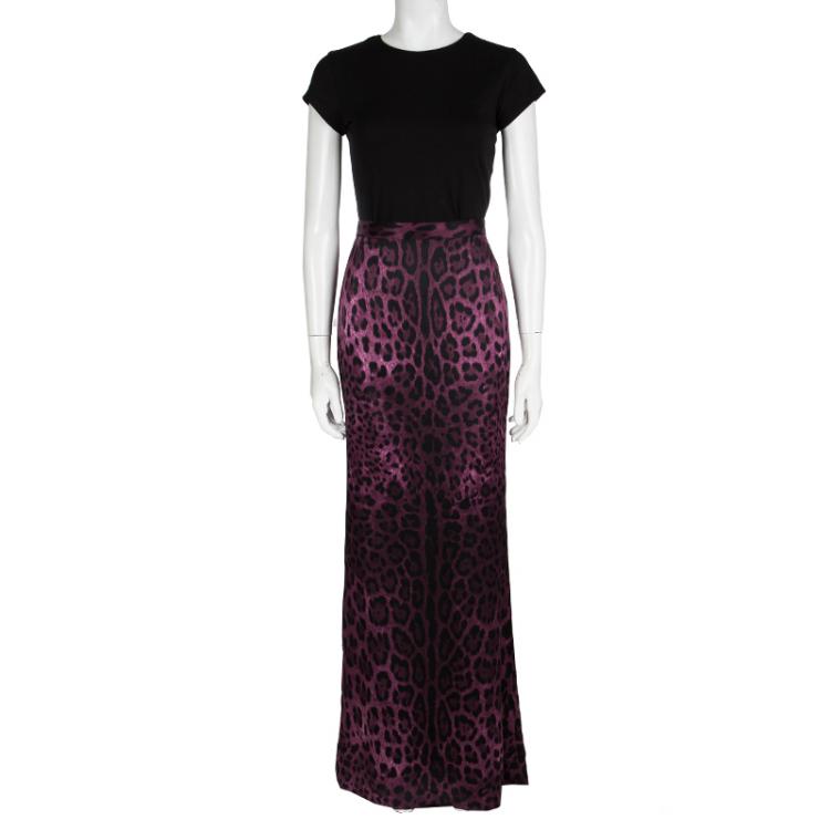Pre Owned Dolce and Gabbana Purple Leopard Printed Silk Maxi Skirt M