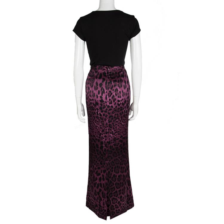 Pre Owned Dolce and Gabbana Purple Leopard Printed Silk Maxi Skirt M