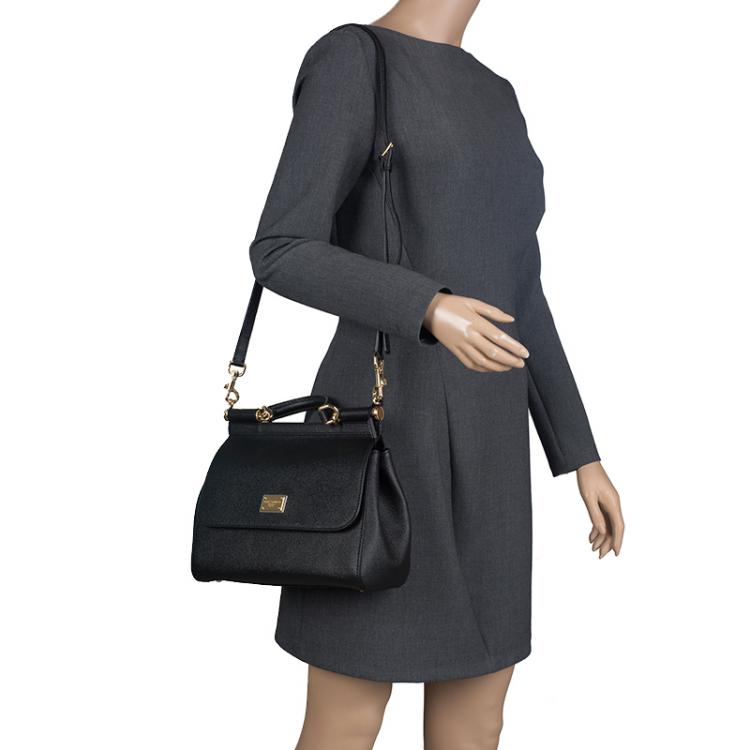 Pre Owned Dolce and Gabbana Black Leather Medium Miss Sicily Top Handle Bag