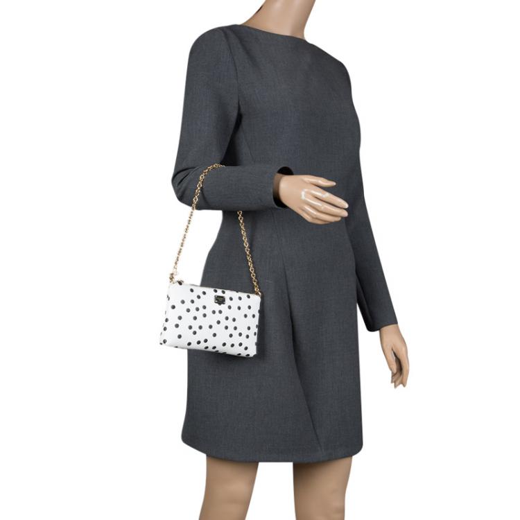 Pre Owned Dolce and Gabbana White Leather Polka Dot Crepe Clutch