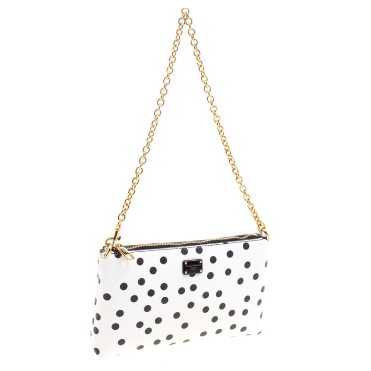 Pre Owned Dolce and Gabbana White Leather Polka Dot Crepe Clutch