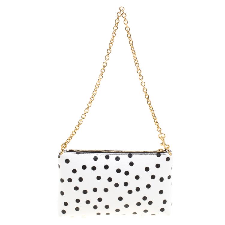 Pre Owned Dolce and Gabbana White Leather Polka Dot Crepe Clutch