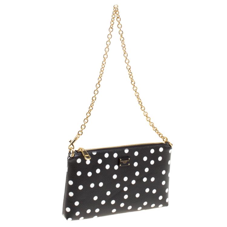 Pre Owned Dolce and Gabbana Black/White Polka Dot Leather Chain Clutch