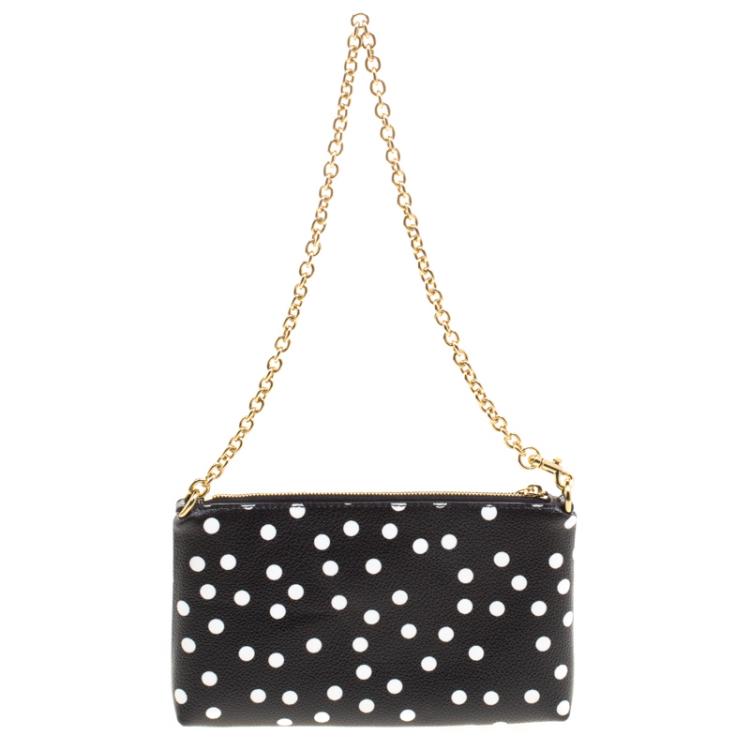 Pre Owned Dolce and Gabbana Black/White Polka Dot Leather Chain Clutch