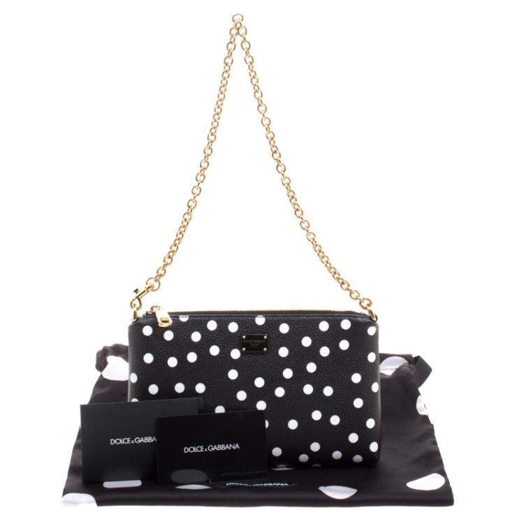 Pre Owned Dolce and Gabbana Black/White Polka Dot Leather Chain Clutch