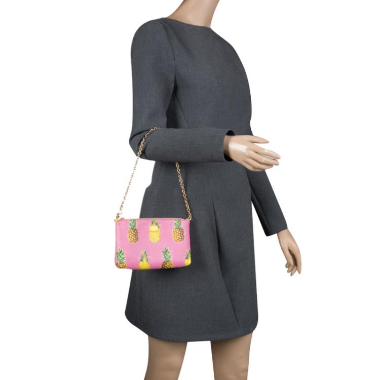 Pre Owned Dolce and Gabbana Pink Pineapple Print Leather Chain Clutch