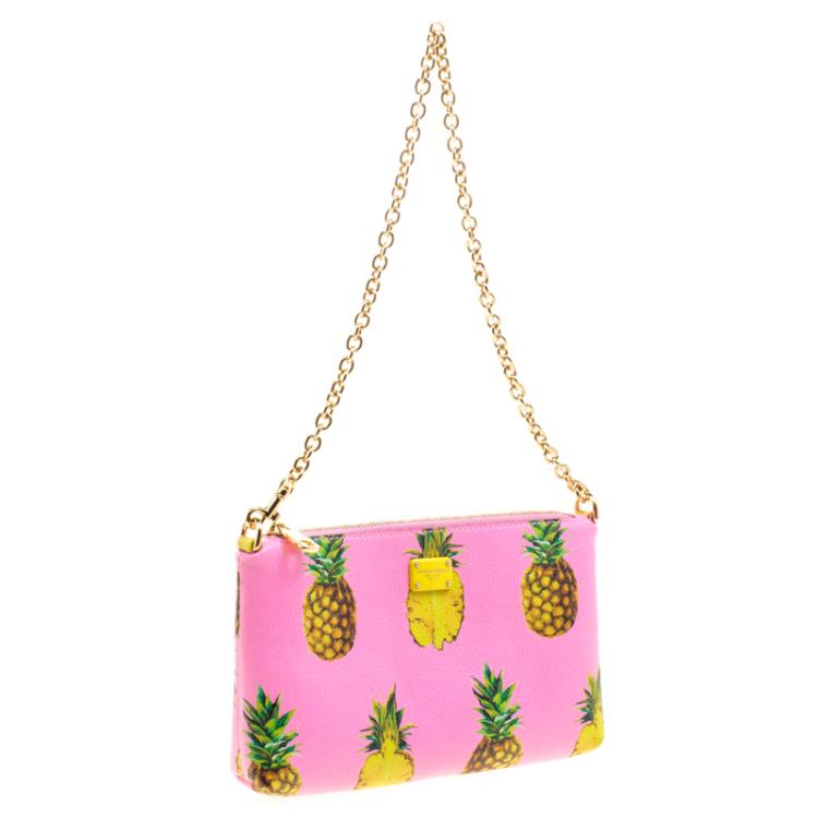 Pre Owned Dolce and Gabbana Pink Pineapple Print Leather Chain Clutch