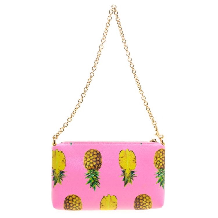 Pre Owned Dolce and Gabbana Pink Pineapple Print Leather Chain Clutch