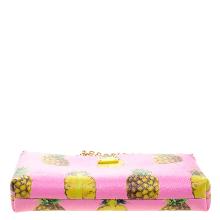 Pre Owned Dolce and Gabbana Pink Pineapple Print Leather Chain Clutch