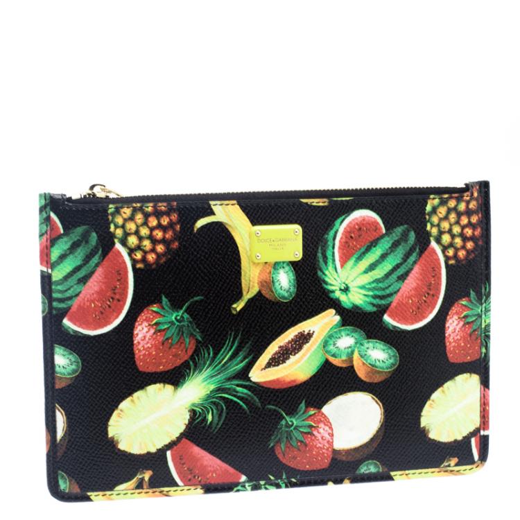 Pre Owned Dolce and Gabbana Black Fruit Print Leather Clutch