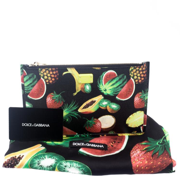 Pre Owned Dolce and Gabbana Black Fruit Print Leather Clutch