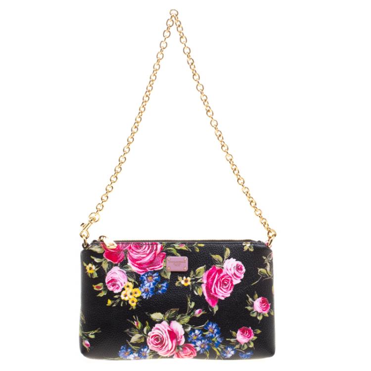 Pre Owned Dolce and Gabbana Black Rose Print Leather Chain Clutch 