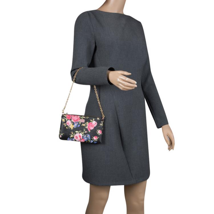 Pre Owned Dolce and Gabbana Black Rose Print Leather Chain Clutch 