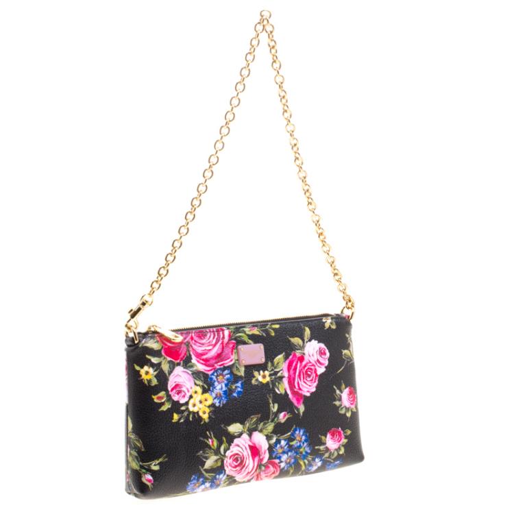 Pre Owned Dolce and Gabbana Black Rose Print Leather Chain Clutch 