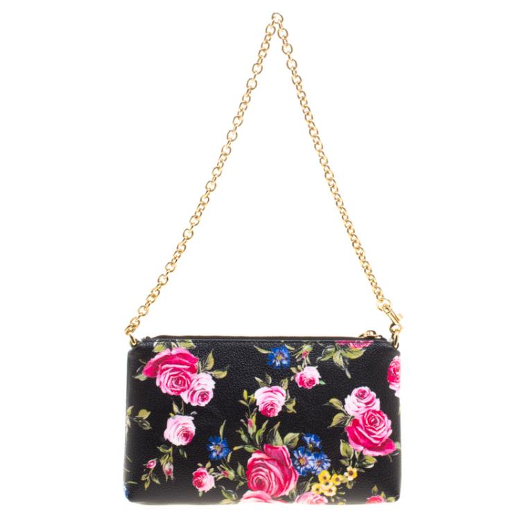 Pre Owned Dolce and Gabbana Black Rose Print Leather Chain Clutch 