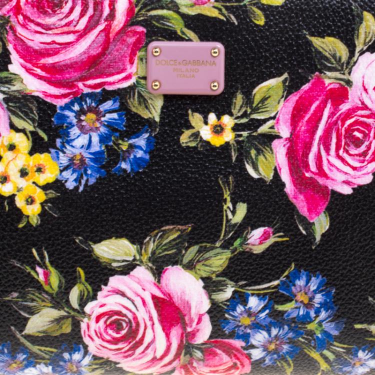 Pre Owned Dolce and Gabbana Black Rose Print Leather Chain Clutch 