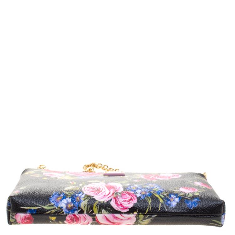 Pre Owned Dolce and Gabbana Black Rose Print Leather Chain Clutch 