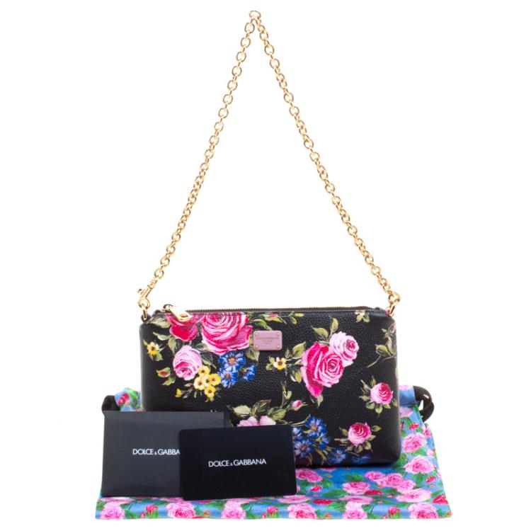 Pre Owned Dolce and Gabbana Black Rose Print Leather Chain Clutch 