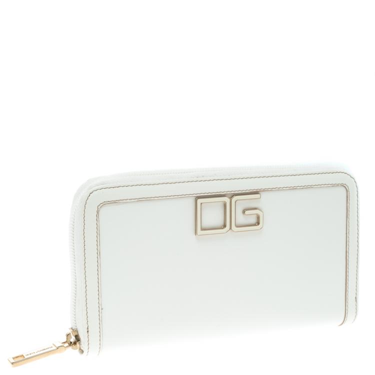 Pre Owned Dolce and Gabbana White Leather Zip Around Long DG Wallet
