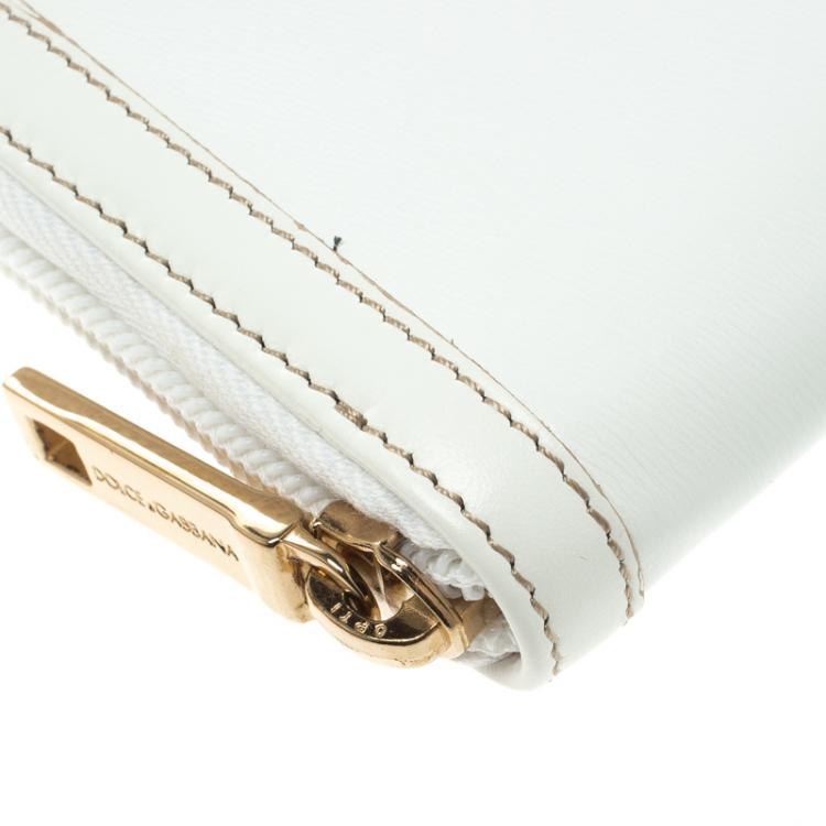Pre Owned Dolce and Gabbana White Leather Zip Around Long DG Wallet