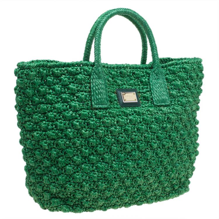Pre Owned Dolce and Gabbana Green Raffia Miss Alma Shopping Tote with Pouch